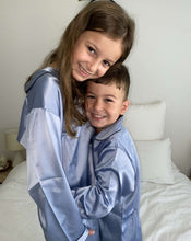 Load image into Gallery viewer, Kids Long Blue Satin Pyjama Set
