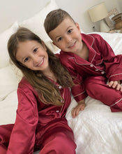 Load image into Gallery viewer, Kids Long Burgundy Satin Pyjama Set
