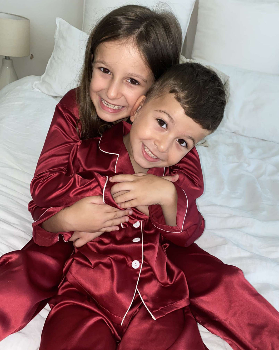 Kids Long Burgundy Satin Pyjama Set